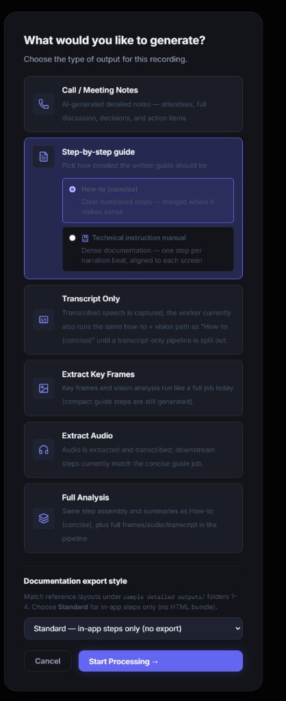 StepByStep360 — Choose output type with 6 options
