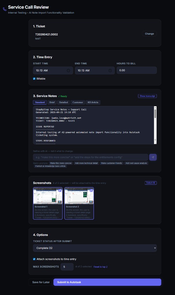 StepByStep360 Service Call Review — 5 AI note format tabs with AI chat refinement