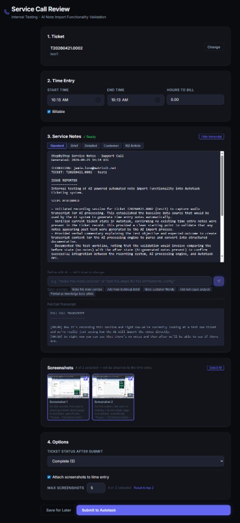 StepByStep360 — Full transcript with Submit to Autotask button