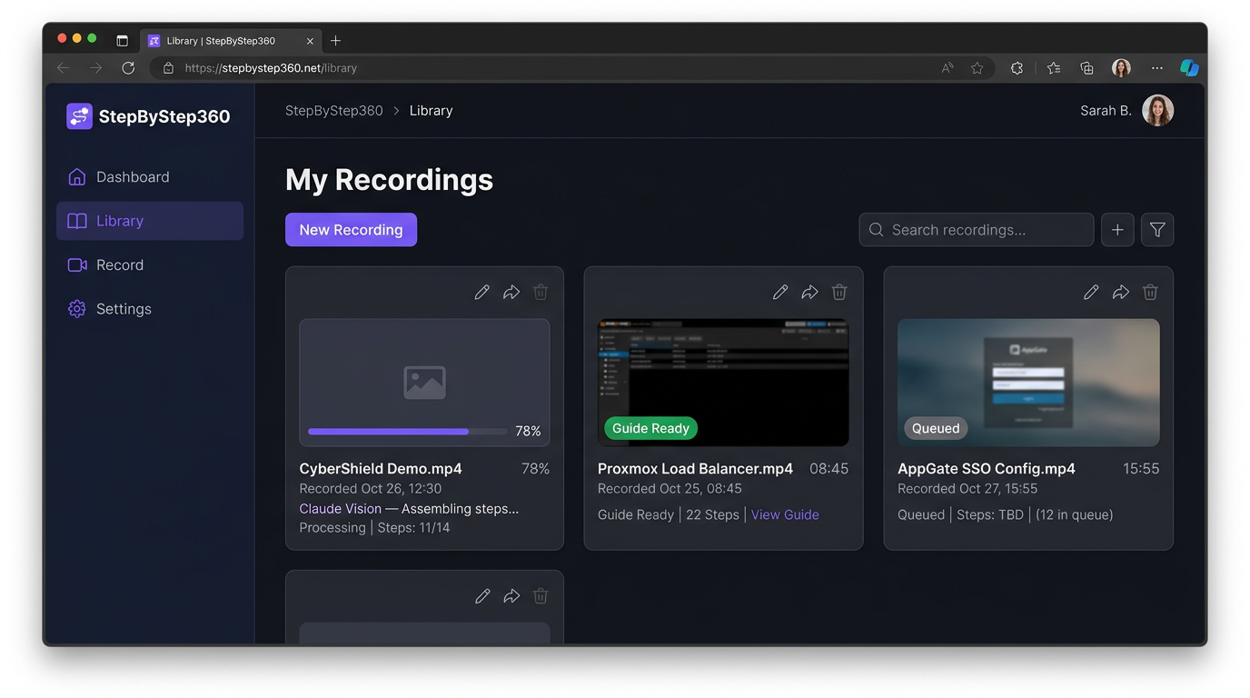 StepByStep360 app — My Recordings library showing recordings being processed into guides